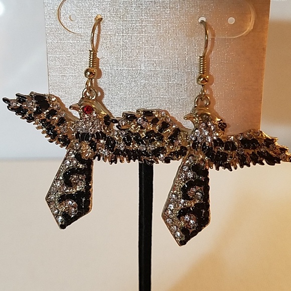 Rhinestone & Black Stone Eagle Earrings - Picture 1 of 1